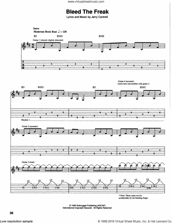 Bleed The Freak sheet music for guitar (tablature) by Alice In Chains, intermediate skill level
