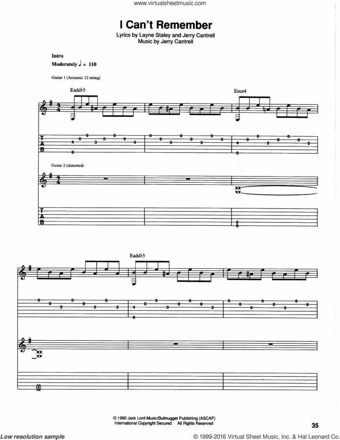 I Can't Remember sheet music for guitar (tablature) by Alice In Chains, intermediate skill level