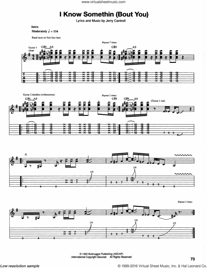 I Know Somethin' (Bout You) sheet music for guitar (tablature) by Alice In Chains, intermediate skill level