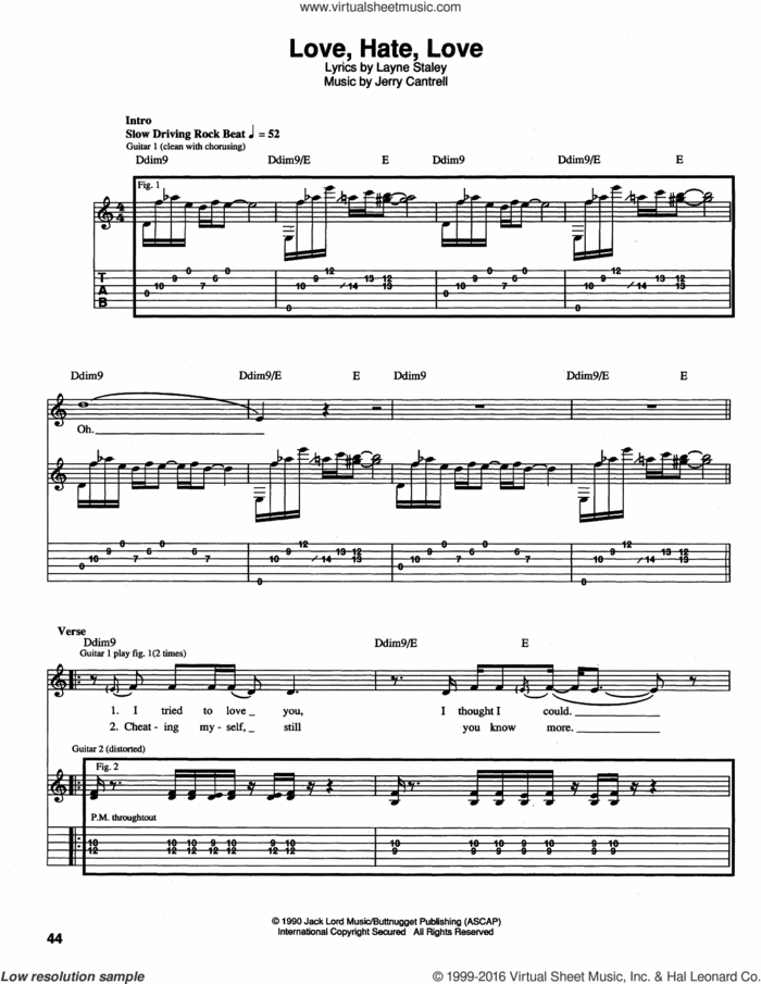 Love, Hate, Love sheet music for guitar (tablature) by Alice In Chains, intermediate skill level