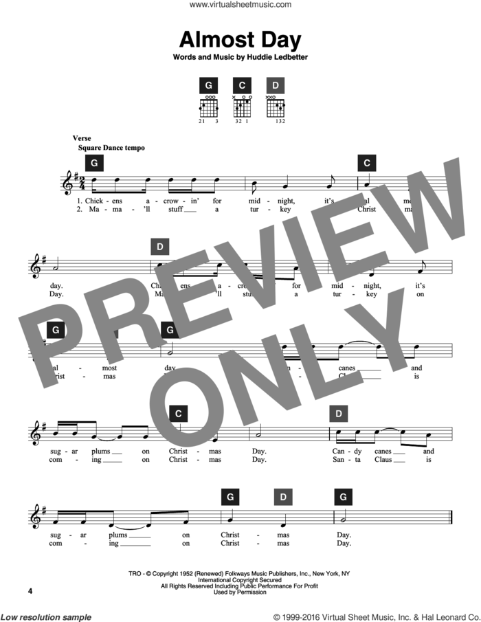 Almost Day sheet music for guitar solo (ChordBuddy system) by Huddie Ledbetter and Travis Perry, intermediate guitar (ChordBuddy system)