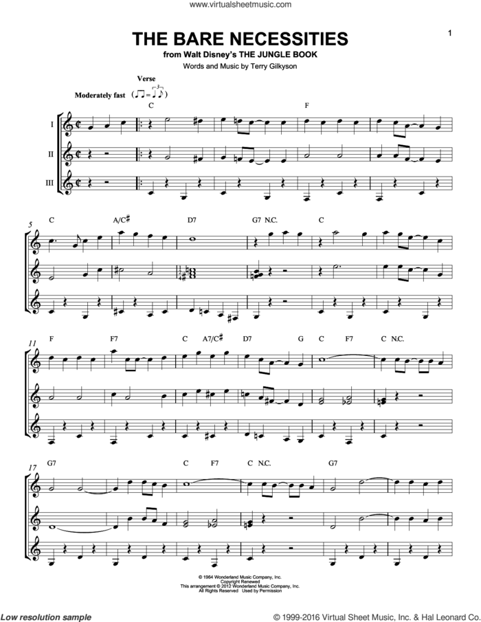 The Bare Necessities (from The Jungle Book) sheet music for guitar ensemble by Terry Gilkyson, intermediate skill level