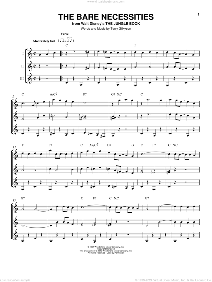 The Bare Necessities (from The Jungle Book) sheet music for guitar ensemble by Terry Gilkyson, intermediate skill level