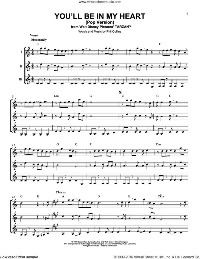 You'll Be In My Heart (Pop Version) (from Tarzan) sheet music for guitar ensemble by Phil Collins, intermediate skill level