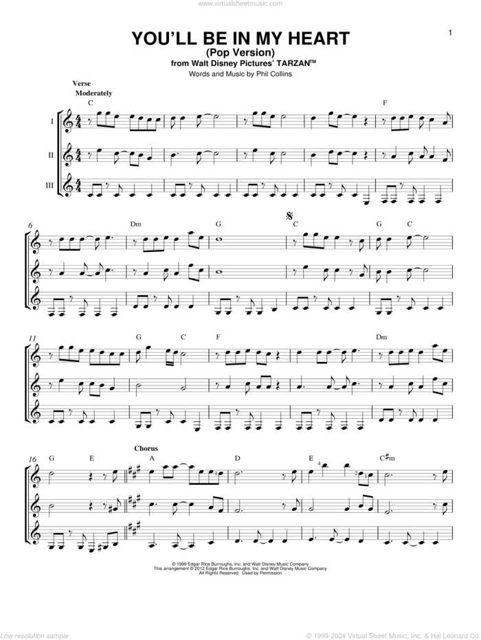 You'll Be In My Heart (Pop Version) (from Tarzan) sheet music for guitar ensemble by Phil Collins, intermediate skill level