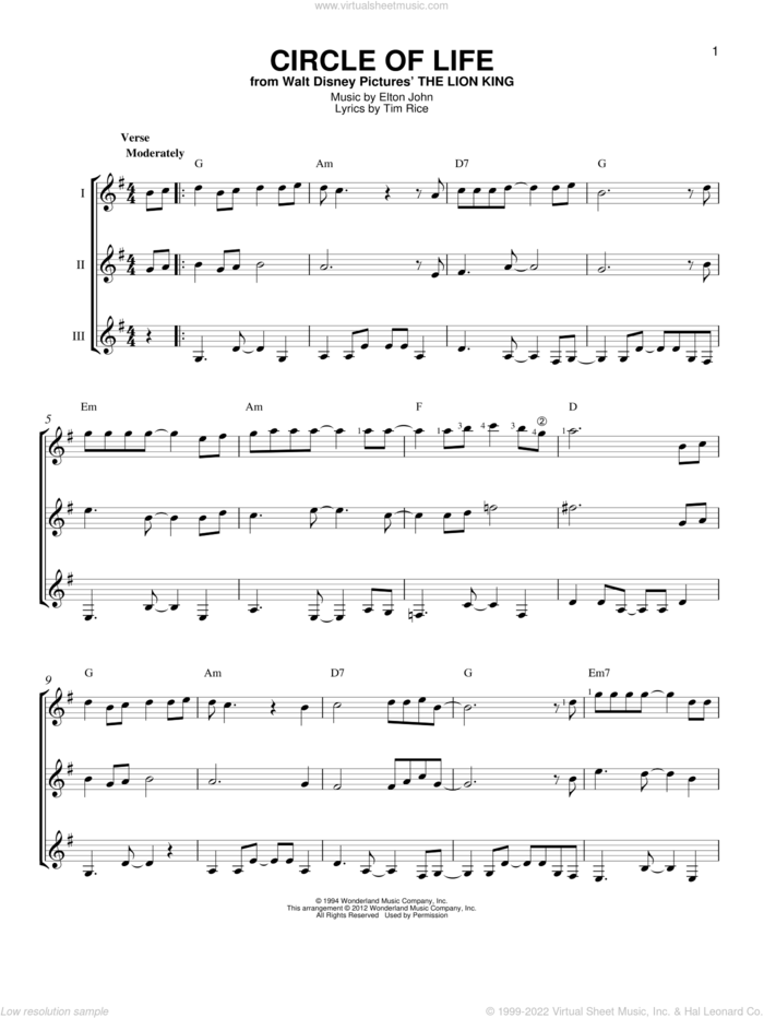 Circle Of Life (from The Lion King) sheet music for guitar ensemble by Elton John and Tim Rice, intermediate skill level