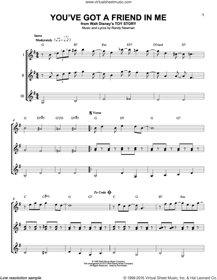 You've Got A Friend In Me (from Toy Story) sheet music for guitar ensemble by Randy Newman and Lyle Lovett, intermediate skill level