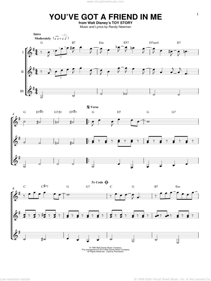 You've Got A Friend In Me (from Toy Story) sheet music for guitar ensemble by Randy Newman and Lyle Lovett, intermediate skill level