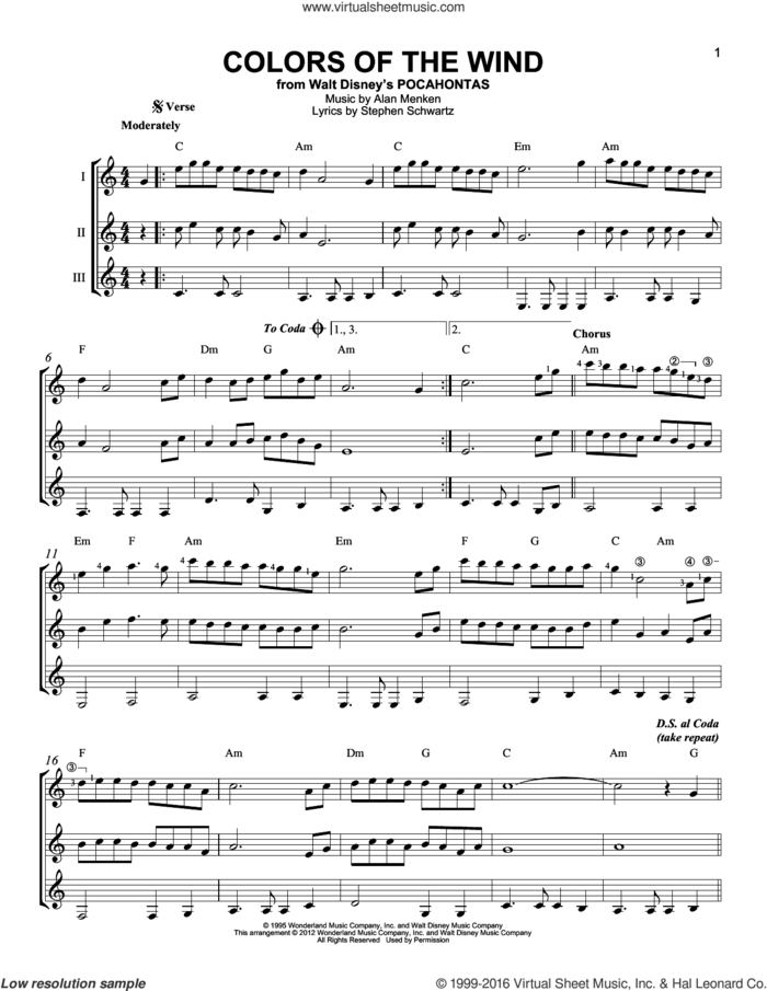 Colors Of The Wind (from Pocahontas) sheet music for guitar ensemble by Alan Menken, Alan Menken & Stephen Schwartz, Stephen Schwartz and Vanessa Williams, intermediate skill level