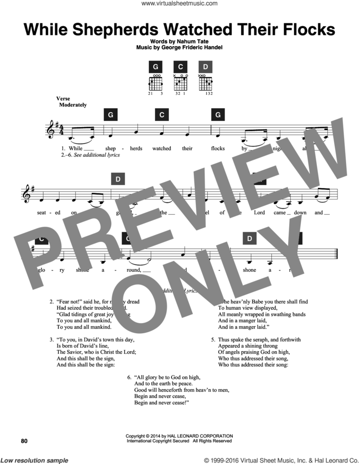 While Shepherds Watched Their Flocks sheet music for guitar solo (ChordBuddy system) by George Frideric Handel, Travis Perry and Nahum Tate, intermediate guitar (ChordBuddy system)