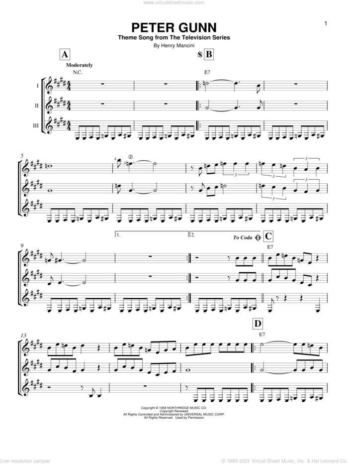 Peter Gunn sheet music for guitar ensemble by Henry Mancini, intermediate skill level