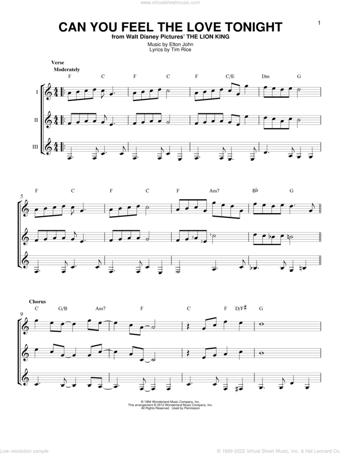 Can You Feel The Love Tonight (from The Lion King) sheet music for guitar ensemble by Elton John and Tim Rice, wedding score, intermediate skill level