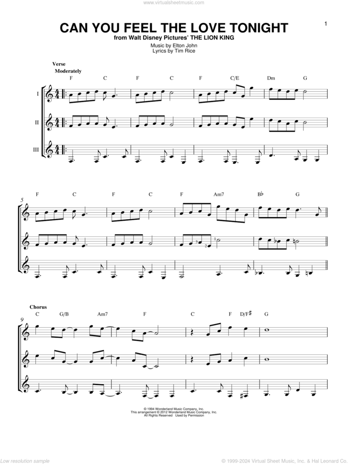 Can You Feel The Love Tonight (from The Lion King) sheet music for guitar ensemble by Elton John and Tim Rice, wedding score, intermediate skill level