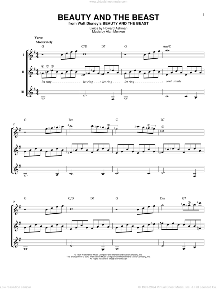 Beauty And The Beast sheet music for guitar ensemble by Alan Menken & Howard Ashman, Celine Dion & Peabo Bryson, Alan Menken, Howard Ashman and Howard Ashman & Alan Menken, wedding score, intermediate skill level