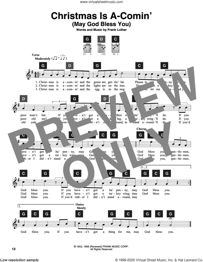 Christmas Is A-Comin' (May God Bless You) sheet music for guitar solo (ChordBuddy system) by Frank Luther and Travis Perry, intermediate guitar (ChordBuddy system)