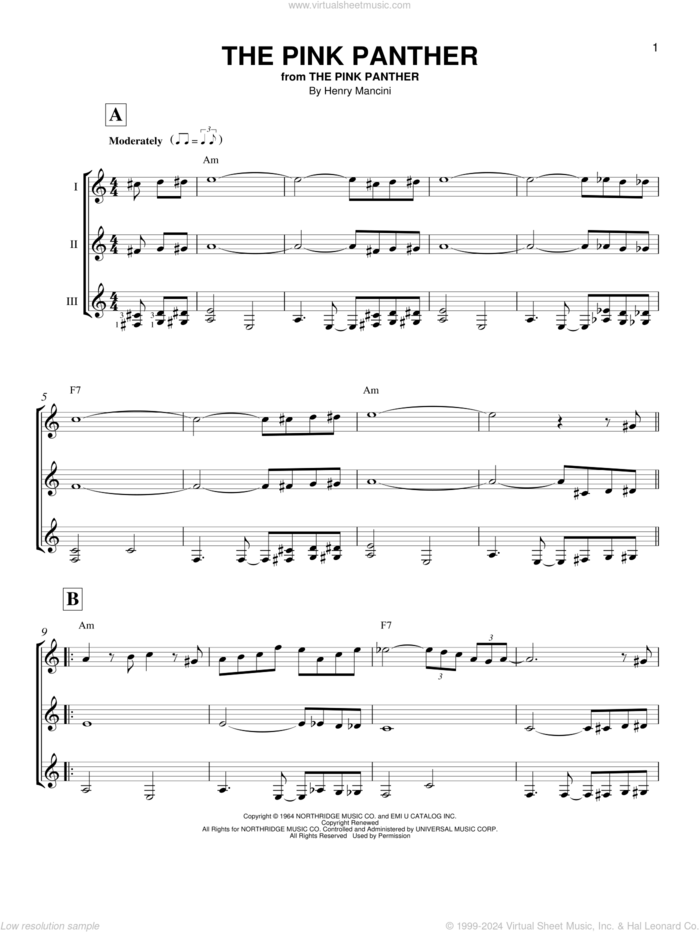 The Pink Panther sheet music for guitar ensemble by Henry Mancini, intermediate skill level