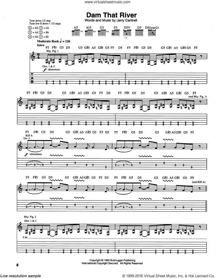 Dam That River sheet music for guitar (tablature) by Alice In Chains and Jerry Cantrell, intermediate skill level