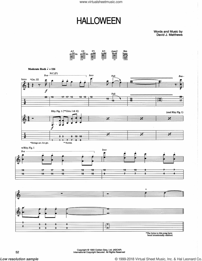 Halloween sheet music for guitar (tablature) by Dave Matthews Band, intermediate skill level
