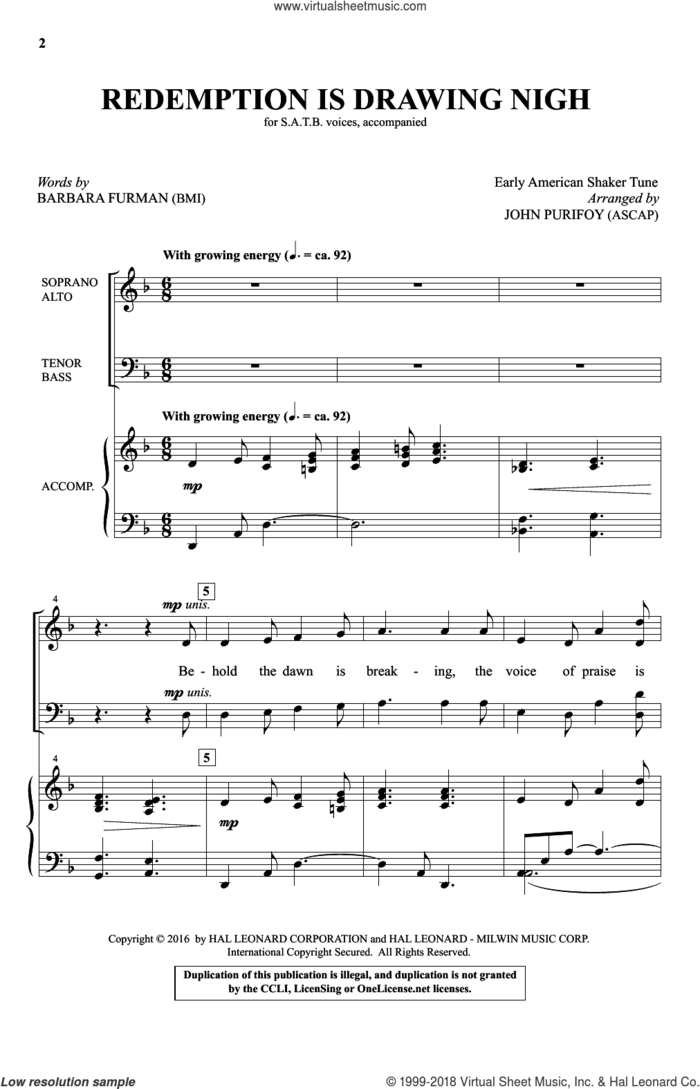 Redemption Is Drawing Nigh sheet music for choir (SATB: soprano, alto, tenor, bass) by John Purifoy, Traditional Shaker Tune, Barbara Furman and Early American Shaker Tune, intermediate skill level