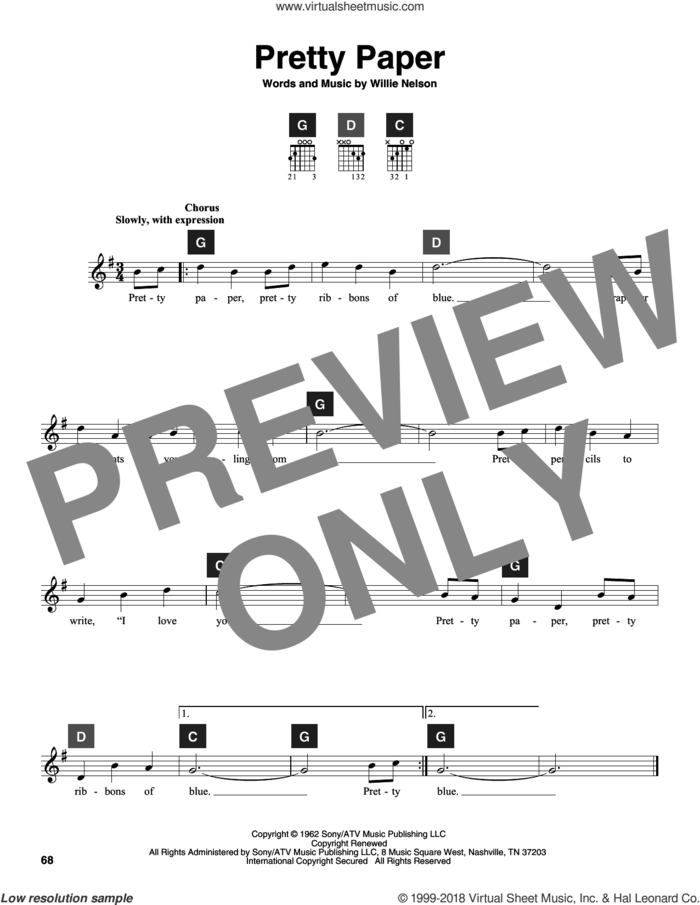 Pretty Paper sheet music for guitar solo (ChordBuddy system) by Willie Nelson, Roy Orbison and Travis Perry, intermediate guitar (ChordBuddy system)