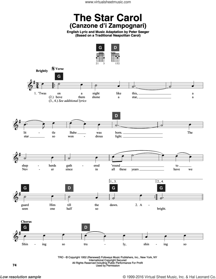 The Star Carol (Canzone D'i Zampognari) sheet music for guitar solo (ChordBuddy system) by Peter Seeger and Travis Perry, intermediate guitar (ChordBuddy system)