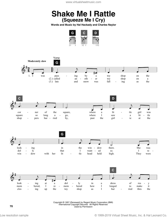 Shake Me I Rattle (Squeeze Me I Cry) sheet music for guitar solo (ChordBuddy system) by Hal Clayton Hackady, Travis Perry, Charles Naylor and Hal Hackady and Charles Naylor, intermediate guitar (ChordBuddy system)