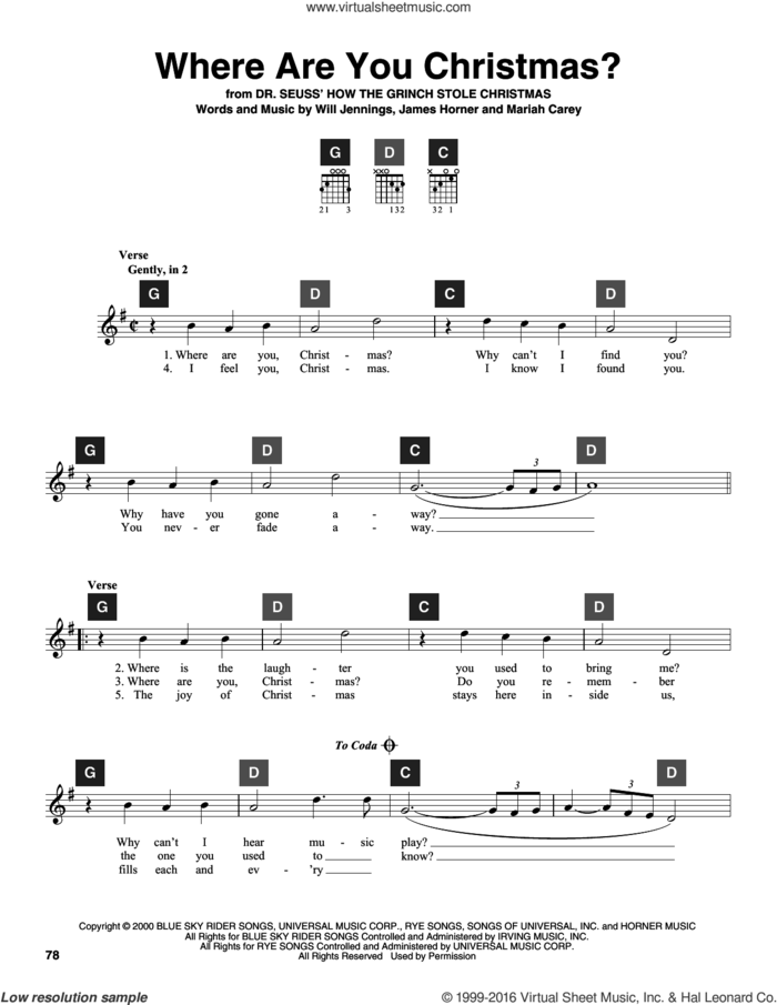 Where Are You Christmas? (from How The Grinch Stole Christmas) sheet music for guitar solo (ChordBuddy system) by Faith Hill, Travis Perry, James Horner, Mariah Carey and Will Jennings, intermediate guitar (ChordBuddy system)