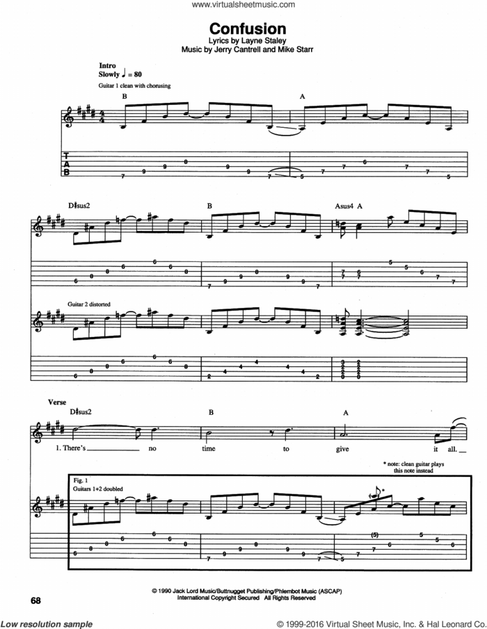 Confusion sheet music for guitar (tablature) by Alice In Chains, intermediate skill level