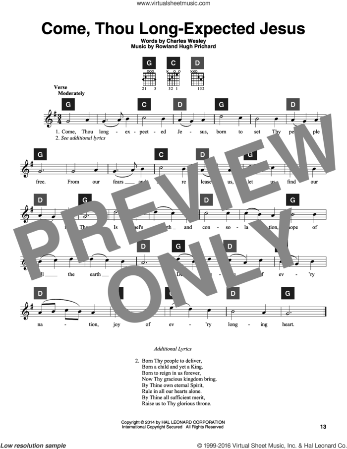 Come, Thou Long-Expected Jesus sheet music for guitar solo (ChordBuddy system) by Charles Wesley, Travis Perry and Rowland Prichard, intermediate guitar (ChordBuddy system)