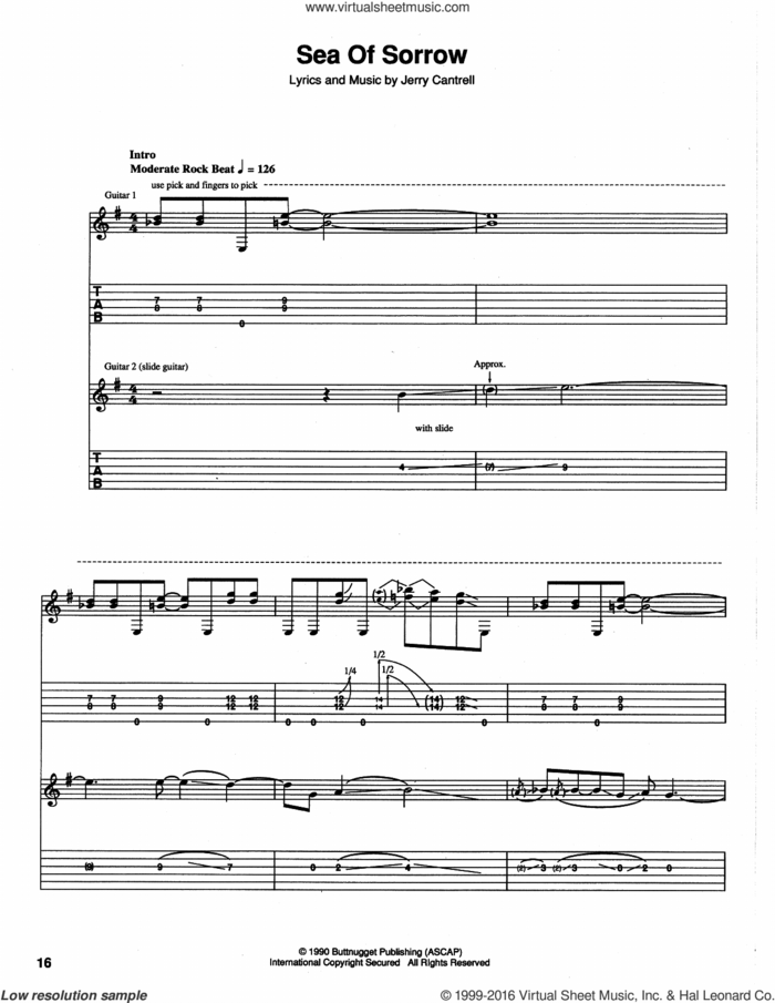 Sea Of Sorrow sheet music for guitar (tablature) by Alice In Chains and Jerry Cantrell, intermediate skill level