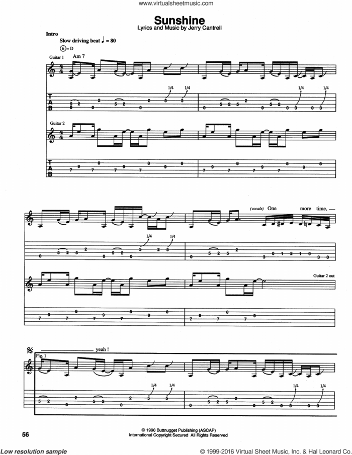 Sunshine sheet music for guitar (tablature) by Alice In Chains, intermediate skill level