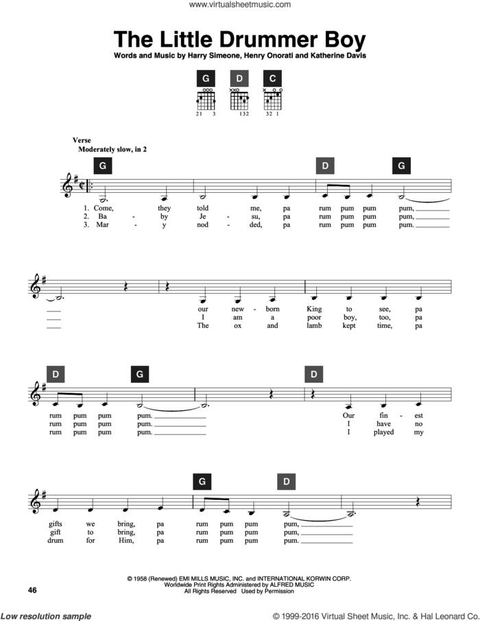The Little Drummer Boy sheet music for guitar solo (ChordBuddy system) by Katherine Davis, Travis Perry, Harry Simeone and Henry Onorati, intermediate guitar (ChordBuddy system)