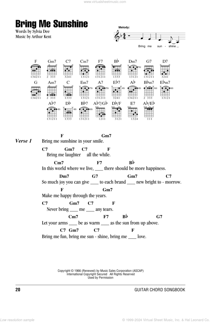 Bring Me Sunshine sheet music for guitar (chords) by Willie Nelson, Arthur Kent and Sylvia Dee, intermediate skill level