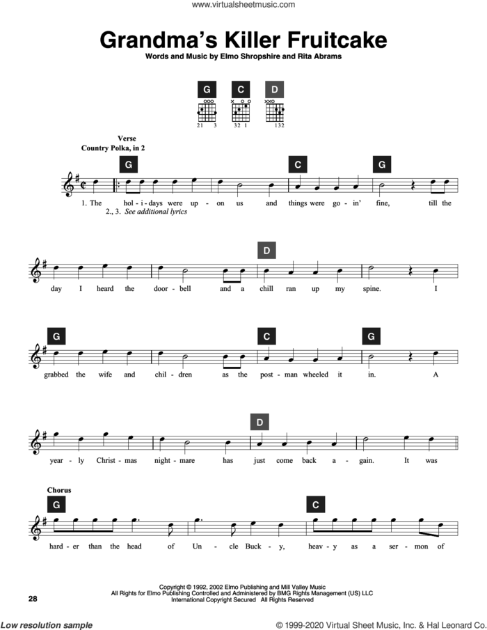 Grandma's Killer Fruitcake sheet music for guitar solo (ChordBuddy system) by Rita Abrams, Travis Perry and Elmo Shropshire, intermediate guitar (ChordBuddy system)