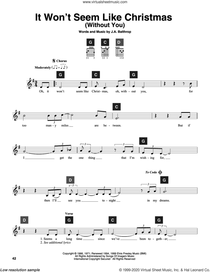 It Won't Seem Like Christmas (Without You) sheet music for guitar solo (ChordBuddy system) by J.A. Balthrop, Elvis Presley and Travis Perry, intermediate guitar (ChordBuddy system)