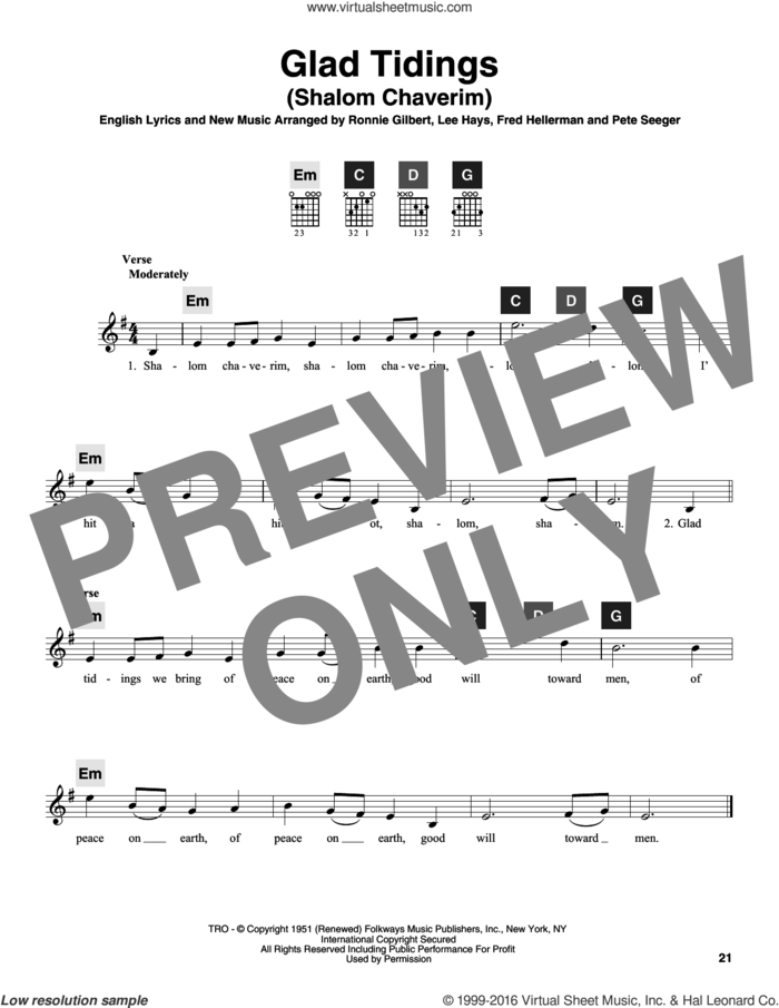 Glad Tidings (Shalom Chaverim) sheet music for guitar solo (ChordBuddy system) by Pete Seeger and Ronnie Gilbert, Lee Hays, Fred Hellerman & Pete Seeger, Travis Perry, Fred Hellerman, Lee Hays and Ronnie Gilbert, intermediate guitar (ChordBuddy system)