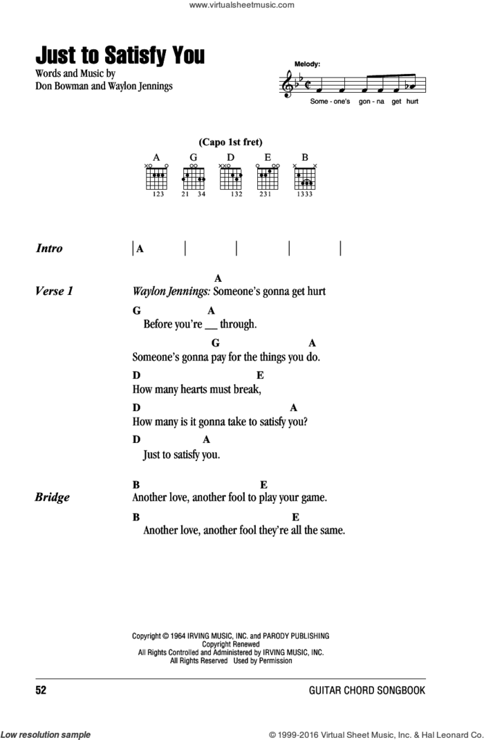 Just To Satisfy You sheet music for guitar (chords) by Willie Nelson, Don Bowman and Waylon Jennings, intermediate skill level