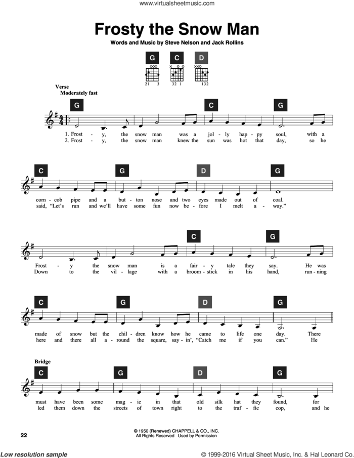 Frosty The Snow Man sheet music for guitar solo (ChordBuddy system) by Steve Nelson, Travis Perry and Jack Rollins, intermediate guitar (ChordBuddy system)