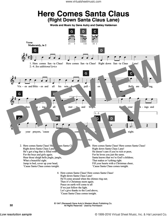 Here Comes Santa Claus (Right Down Santa Claus Lane) sheet music for guitar solo (ChordBuddy system) by Gene Autry, Carpenters, Travis Perry and Oakley Haldeman, intermediate guitar (ChordBuddy system)