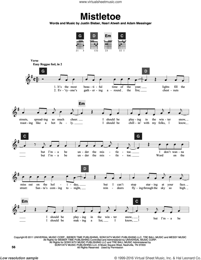 Mistletoe sheet music for guitar solo (ChordBuddy system) by Justin Bieber, Travis Perry, Adam Messinger and Nasri Atweh, intermediate guitar (ChordBuddy system)