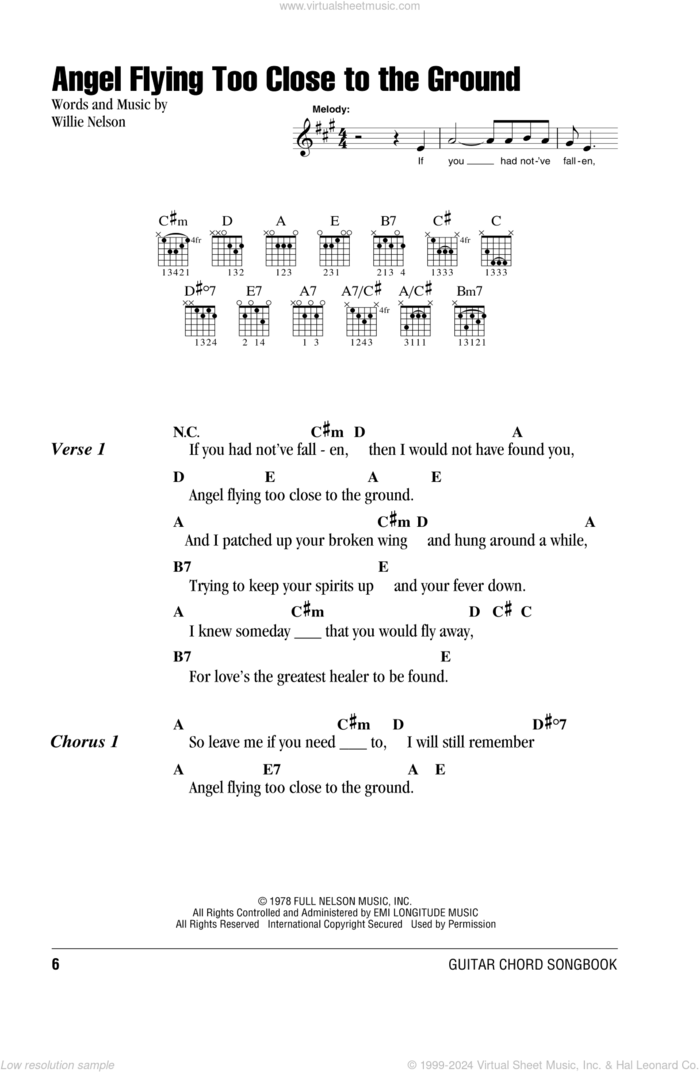 Angel Flying Too Close To The Ground sheet music for guitar (chords) by Willie Nelson, intermediate skill level