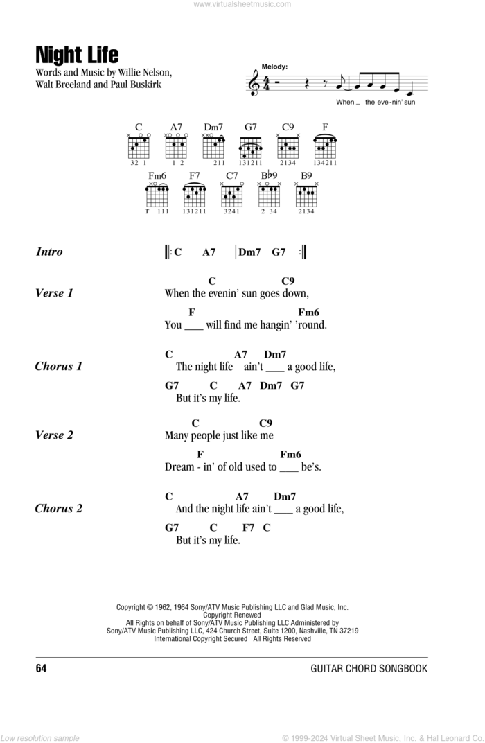 Night Life sheet music for guitar (chords) by Willie Nelson, B.B. King, Ray Price, Willie Nelson and Danny Davis, Paul Buskirk and Walt Breeland, intermediate skill level