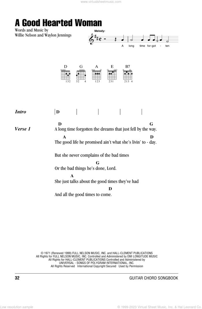 A Good Hearted Woman sheet music for guitar (chords) by Willie Nelson and Waylon Jennings, intermediate skill level