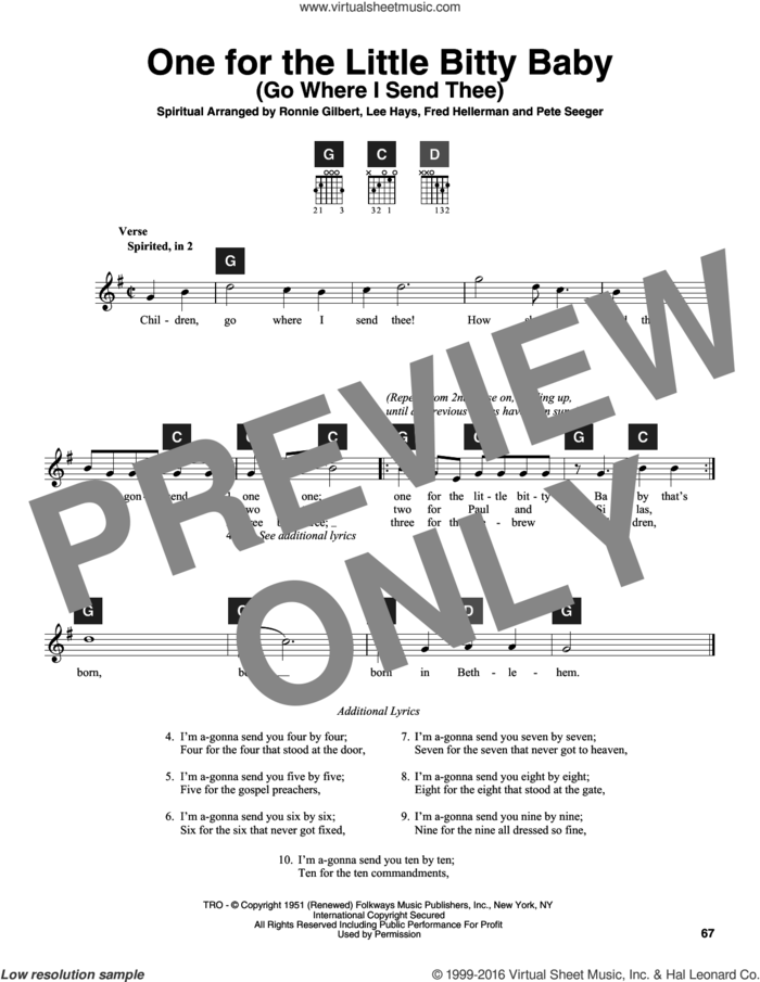One For The Little Bitty Baby (Go Where I Send Thee) sheet music for guitar solo (ChordBuddy system) by Pete Seeger and Ronnie Gilbert, Lee Hays, Fred Hellerman & Pete Seeger, Travis Perry, Fred Hellerman, Lee Hays and Ronnie Gilbert, intermediate guitar (ChordBuddy system)