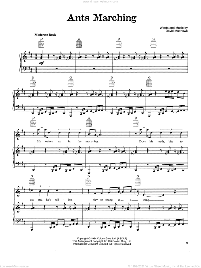 Ants Marching sheet music for voice, piano or guitar by Dave Matthews Band, intermediate skill level