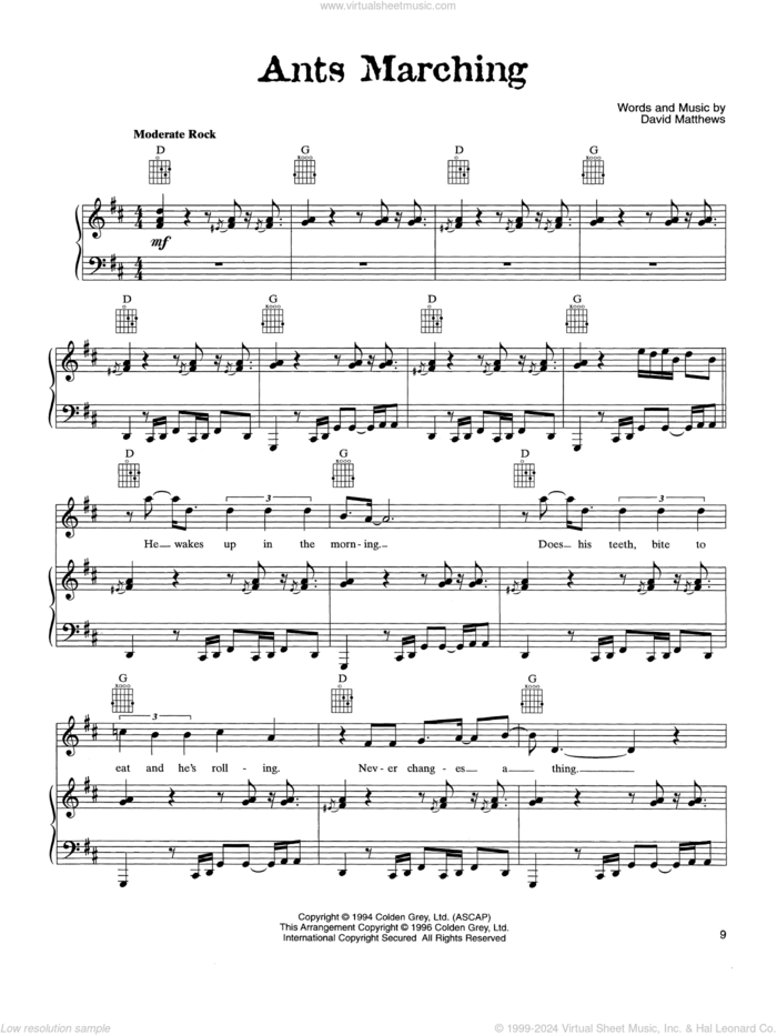 Ants Marching sheet music for voice, piano or guitar by Dave Matthews Band, intermediate skill level