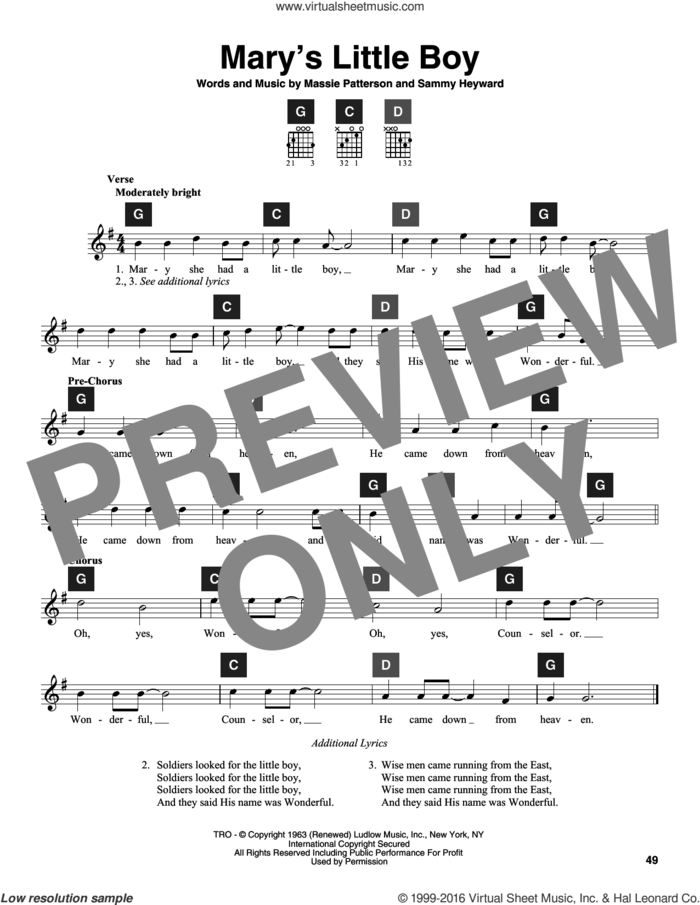 Mary's Little Boy sheet music for guitar solo (ChordBuddy system) by Sammy Heyward, Travis Perry and Massie Patterson, intermediate guitar (ChordBuddy system)