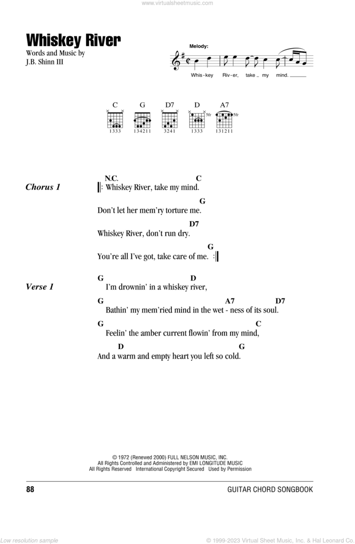 Whiskey River sheet music for guitar (chords) by Willie Nelson and J.B. Shin, intermediate skill level