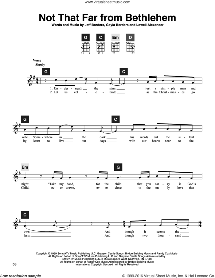Not That Far From Bethlehem sheet music for guitar solo (ChordBuddy system) by Point Of Grace, Travis Perry, Gayla Borders, Jeff Borders and Lowell Alexander, intermediate guitar (ChordBuddy system)