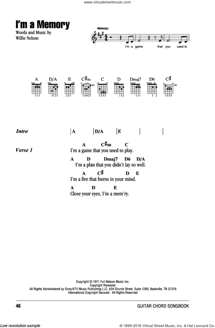 I'm A Memory sheet music for guitar (chords) by Willie Nelson, intermediate skill level